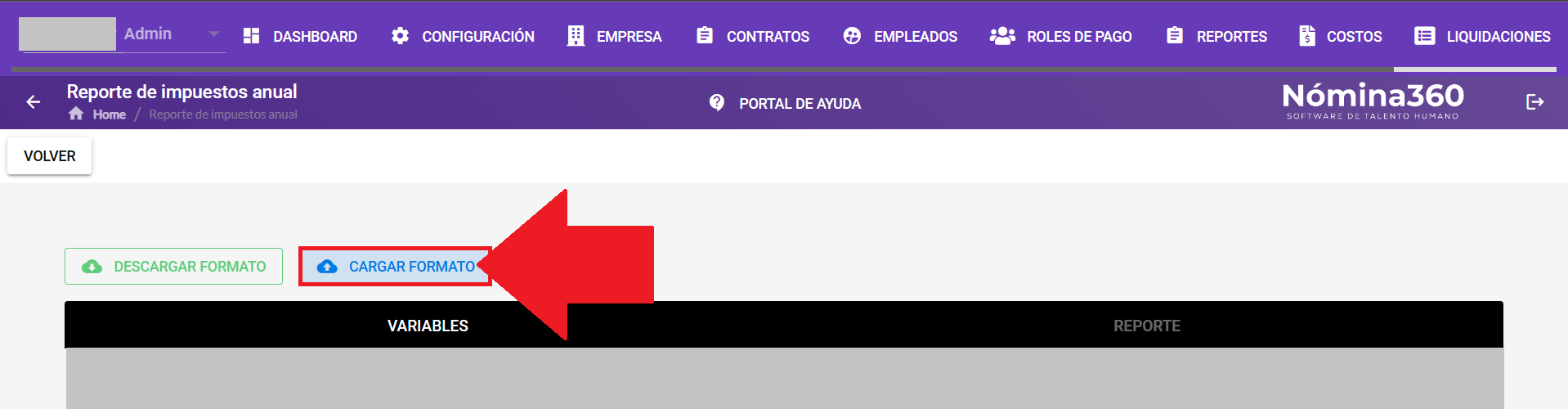 Pantalla de carga del formato modificado