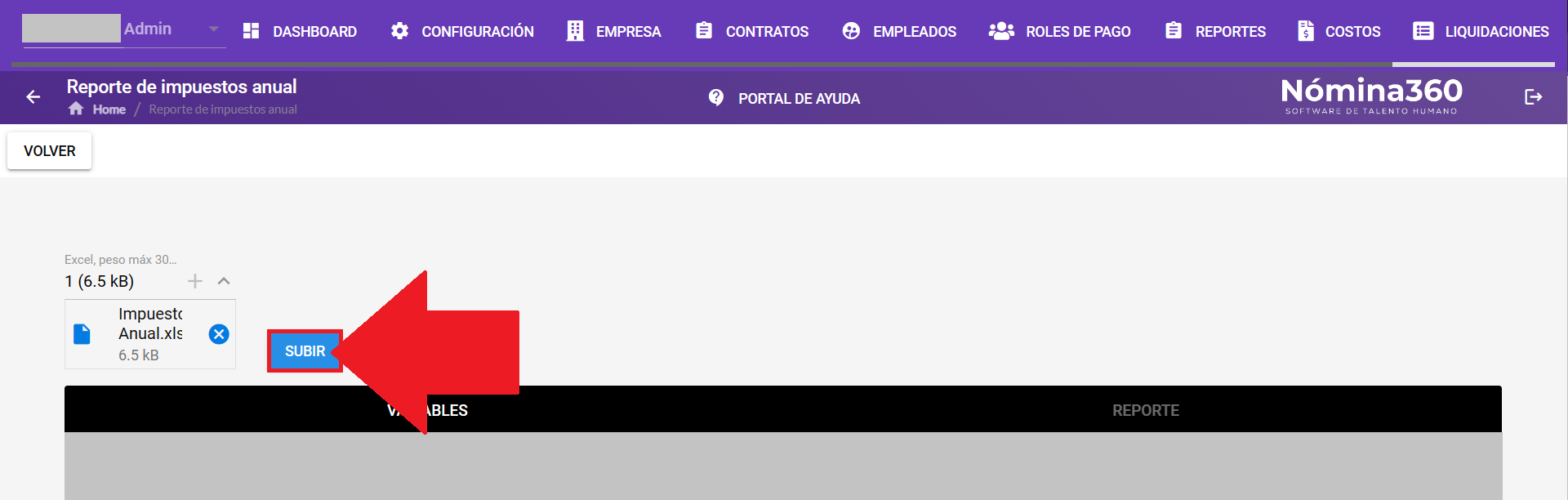 Botón Subir para confirmar la carga del formato