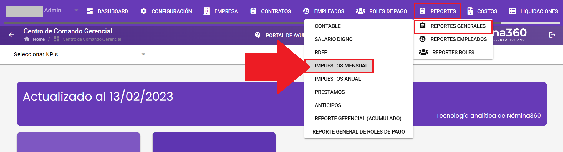 Pantalla del reporte Impuestos Mensual