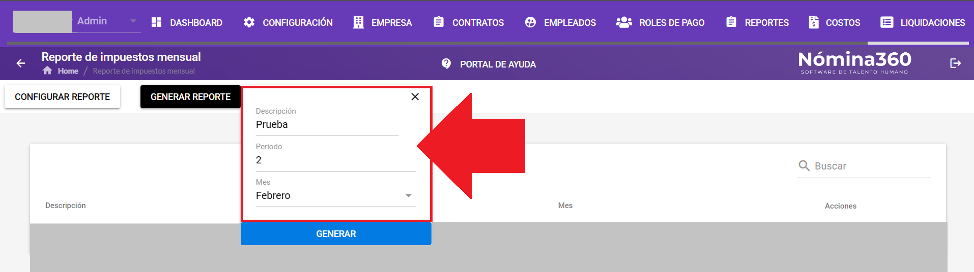 Formulario con descripción, período y mes del reporte