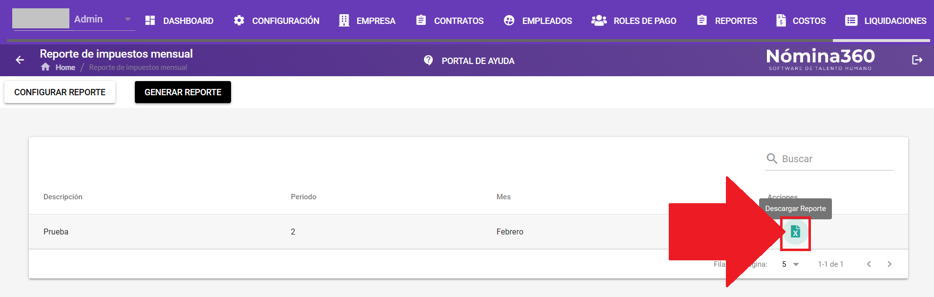 Botón Descargar en el listado de reportes mensuales