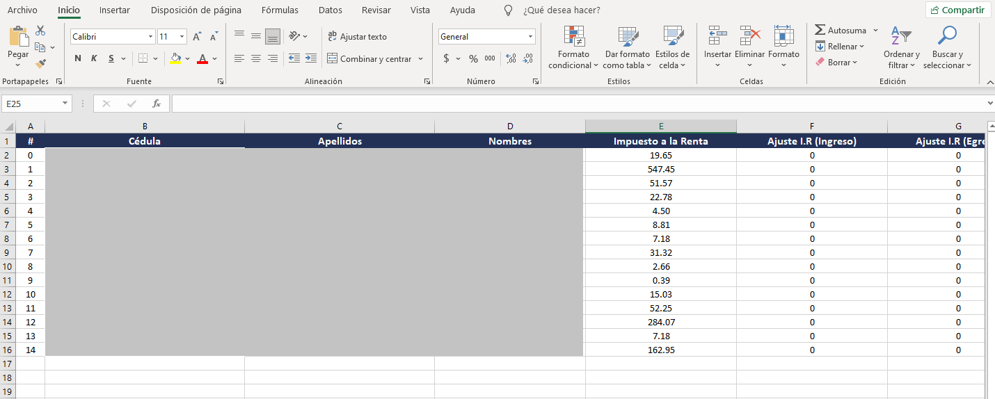 Archivo Excel descargado del reporte de impuestos mensual