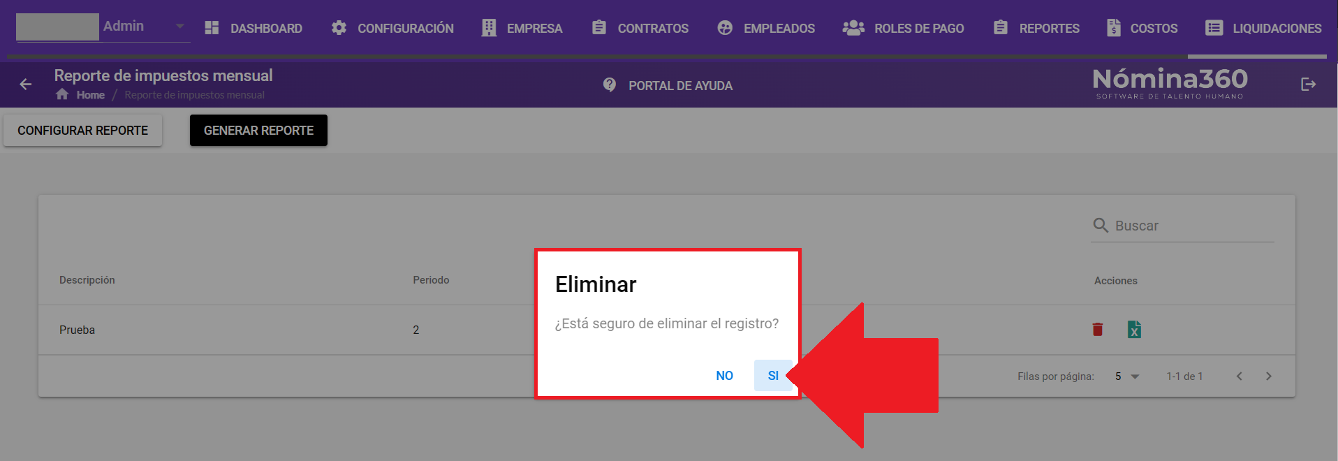 Mensaje de confirmación de eliminación del reporte