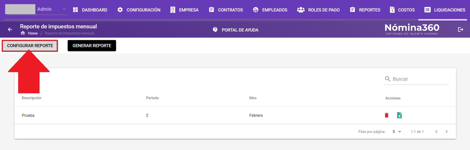 Botón Configurar Reporte en la pantalla del reporte mensual
