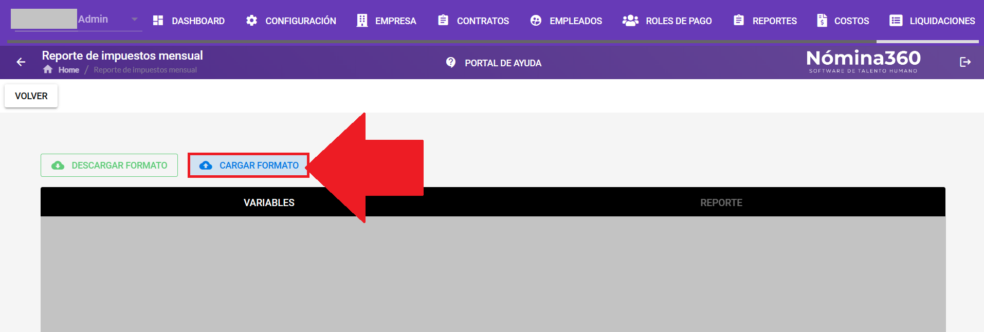Pantalla de carga del formato modificado