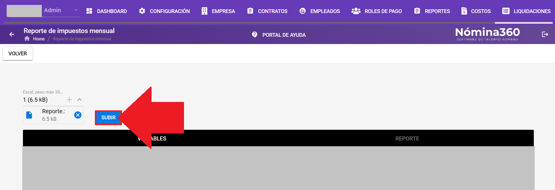 Botón Subir para confirmar la carga del formato