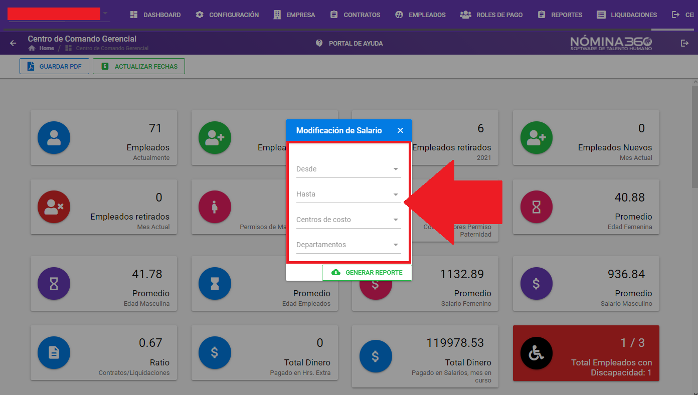 Campos de filtro del reporte de modificación de salarios