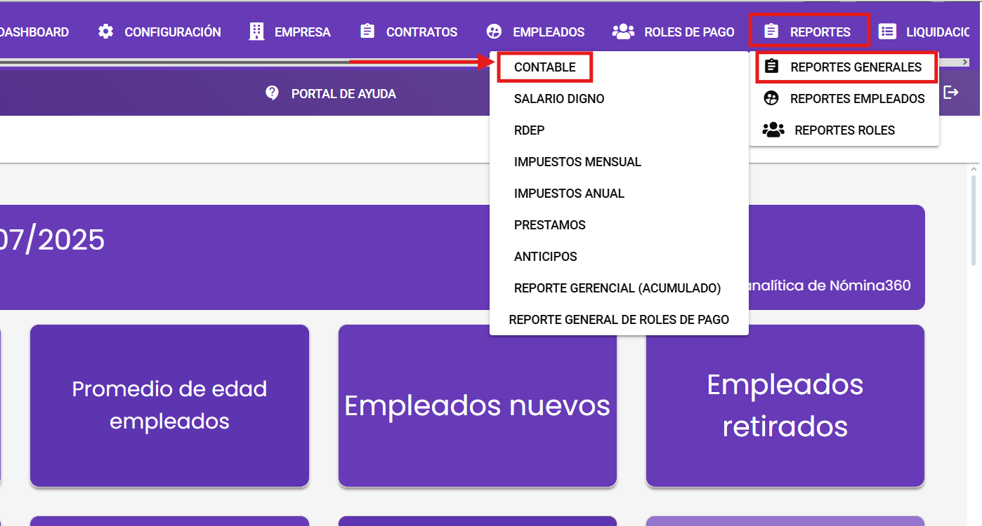 Pantalla del módulo Contable en Reportes Generales