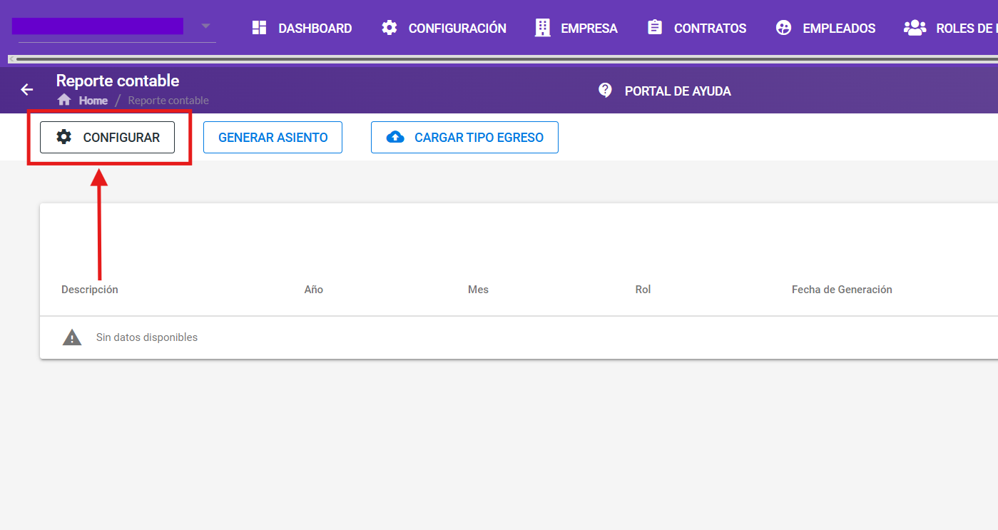 Botón Configurar en el módulo Contable