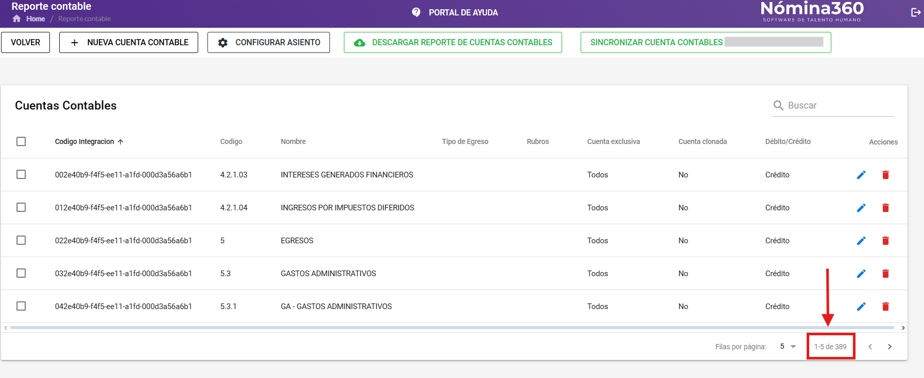 Listado de cuentas contables sincronizadas