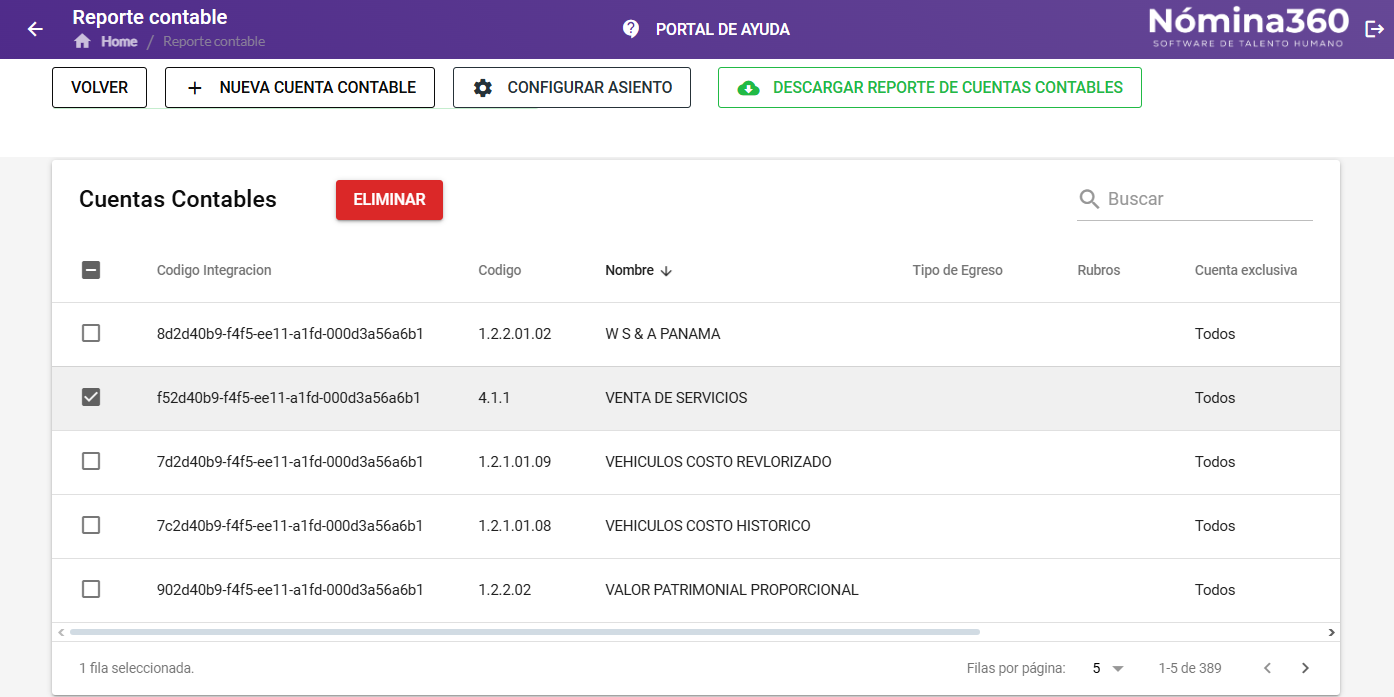 Selección de una cuenta contable a configurar