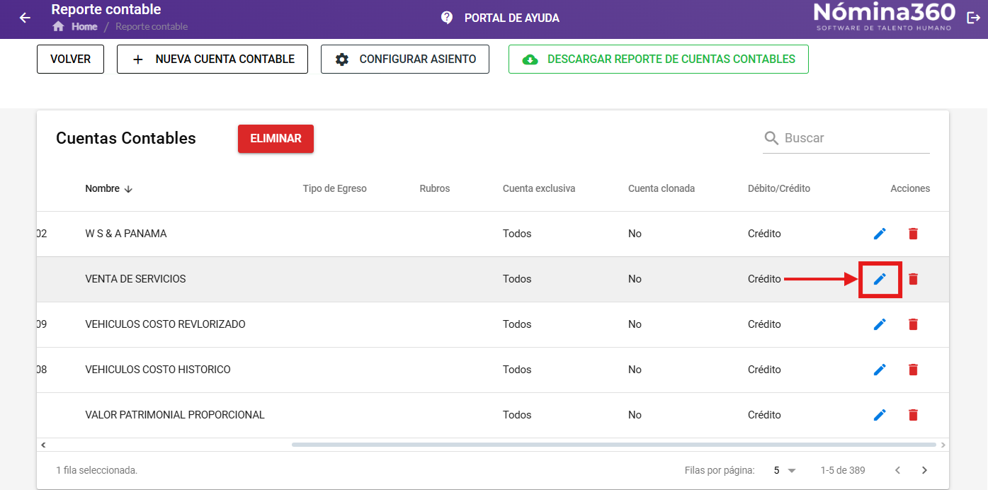 Opción Editar en la fila de la cuenta contable