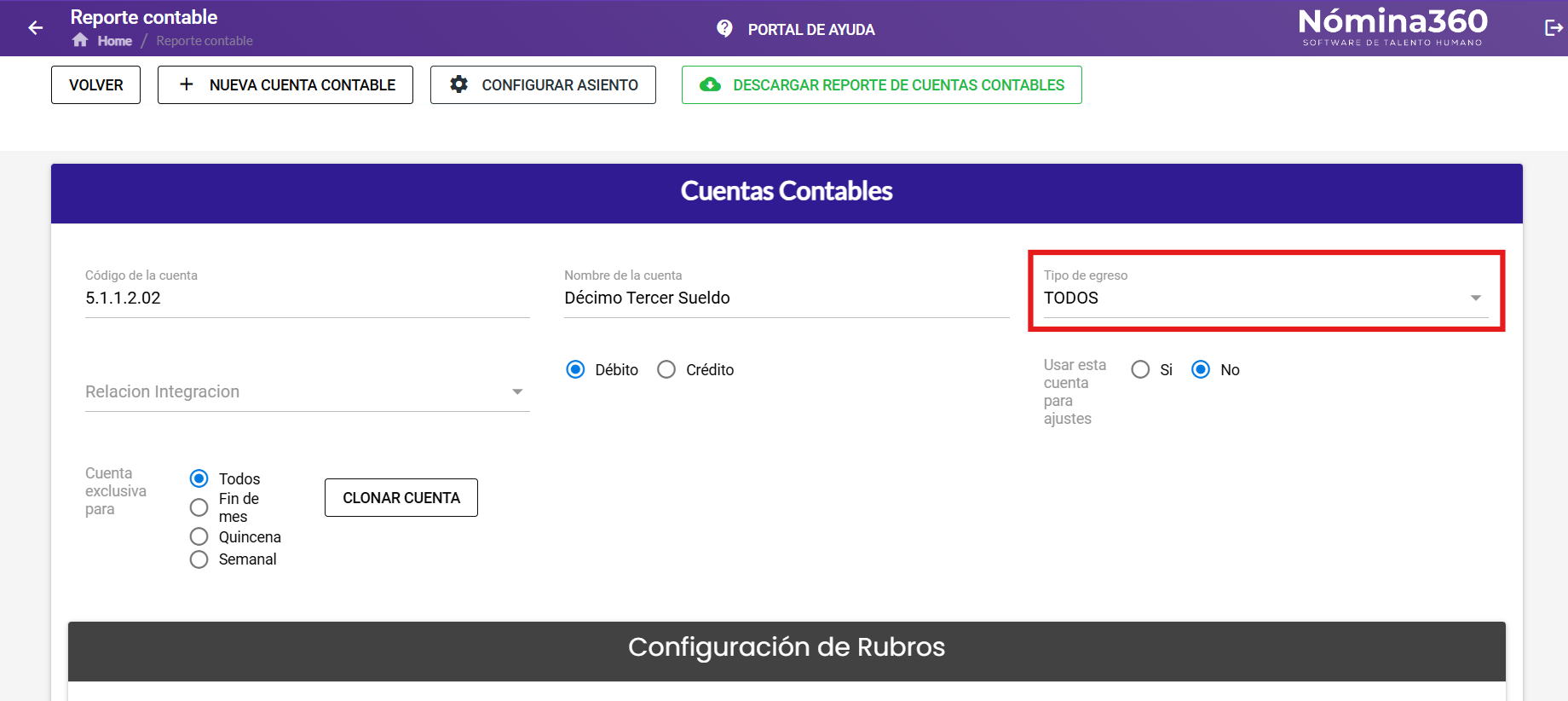 Selección del Tipo de Egreso en la edición de la cuenta
