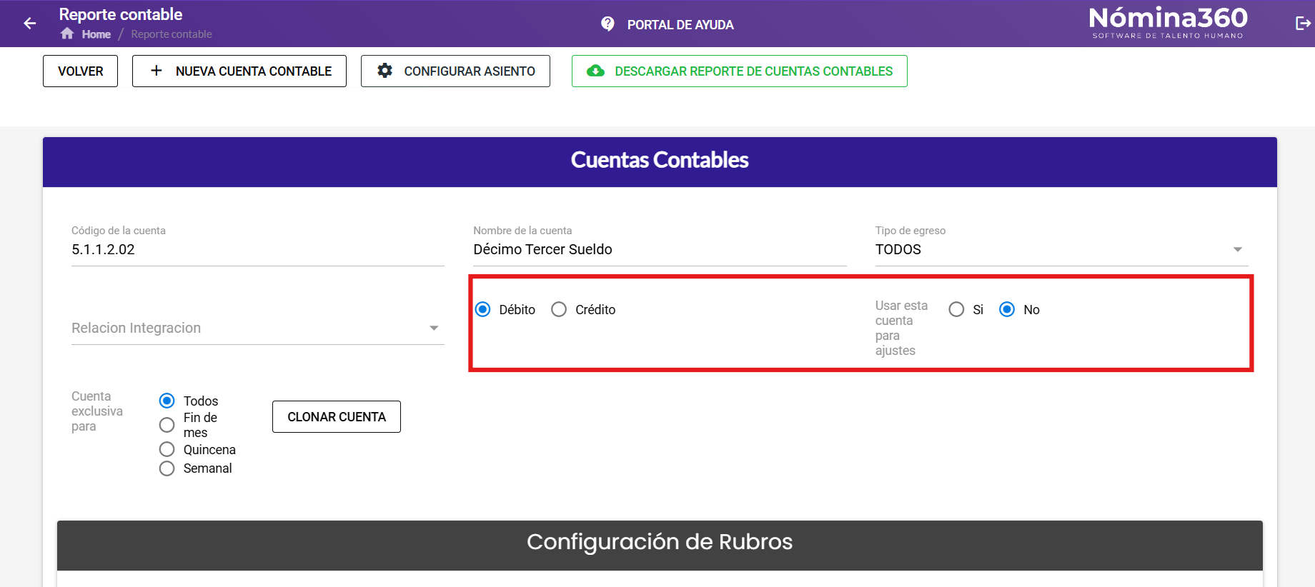 Configuración de Crédito, Débito y opción de ajustes