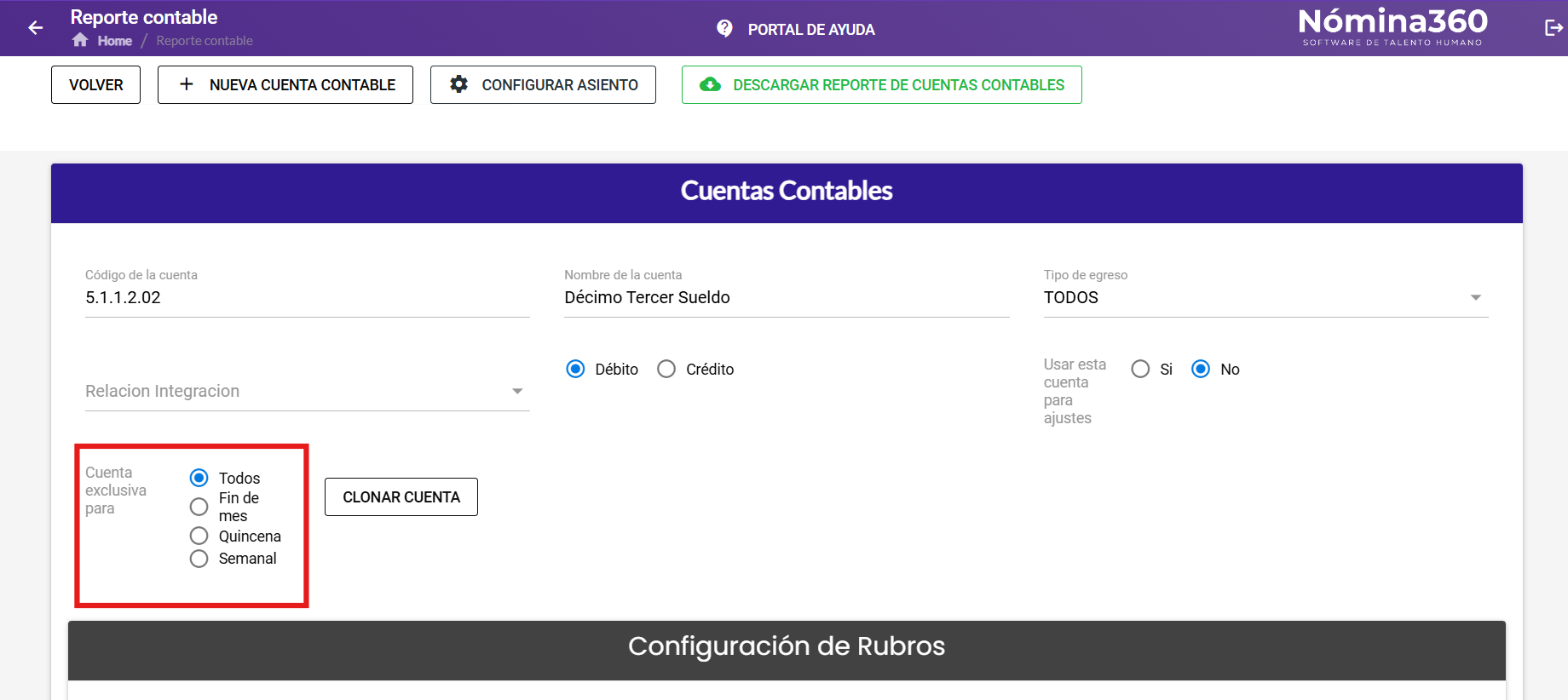 Selección de cuenta exclusiva o aplicable a todos los roles
