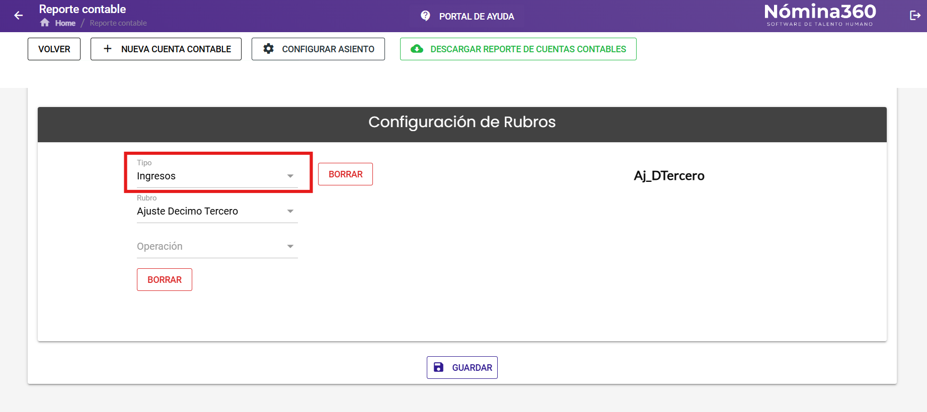 Sección Configuración de Rubros con los tipos disponibles