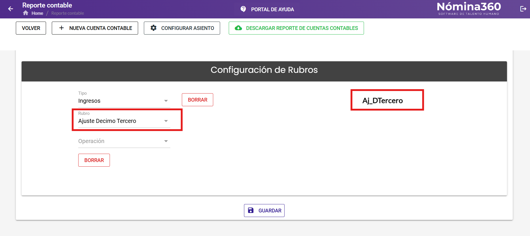 Selección del rubro específico dentro de la cuenta contable