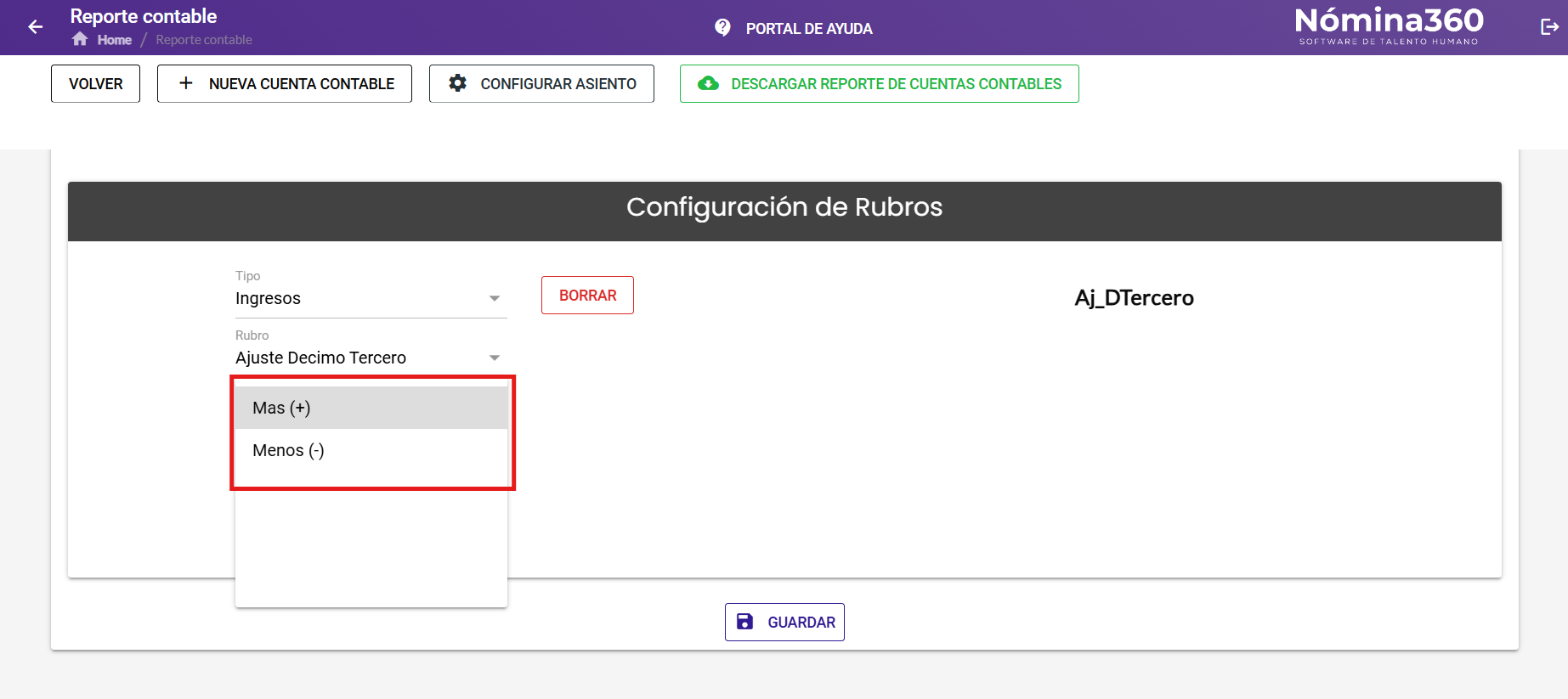 Opciones para sumar o restar rubros dentro de la cuenta