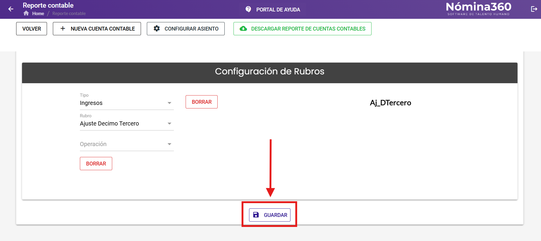 Botón Guardar al final del formulario de la cuenta contable