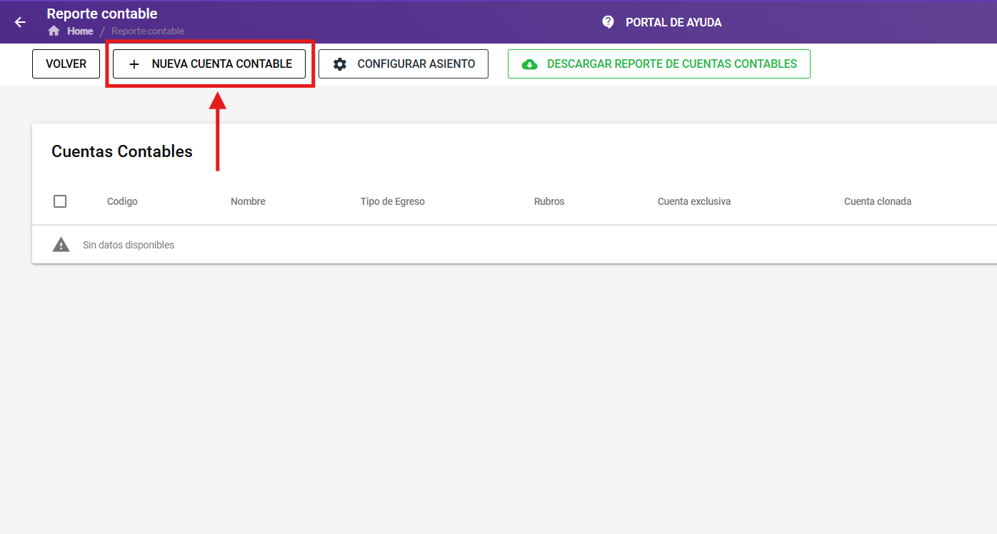 Botón Nueva Cuenta Contable en la pantalla de configuración