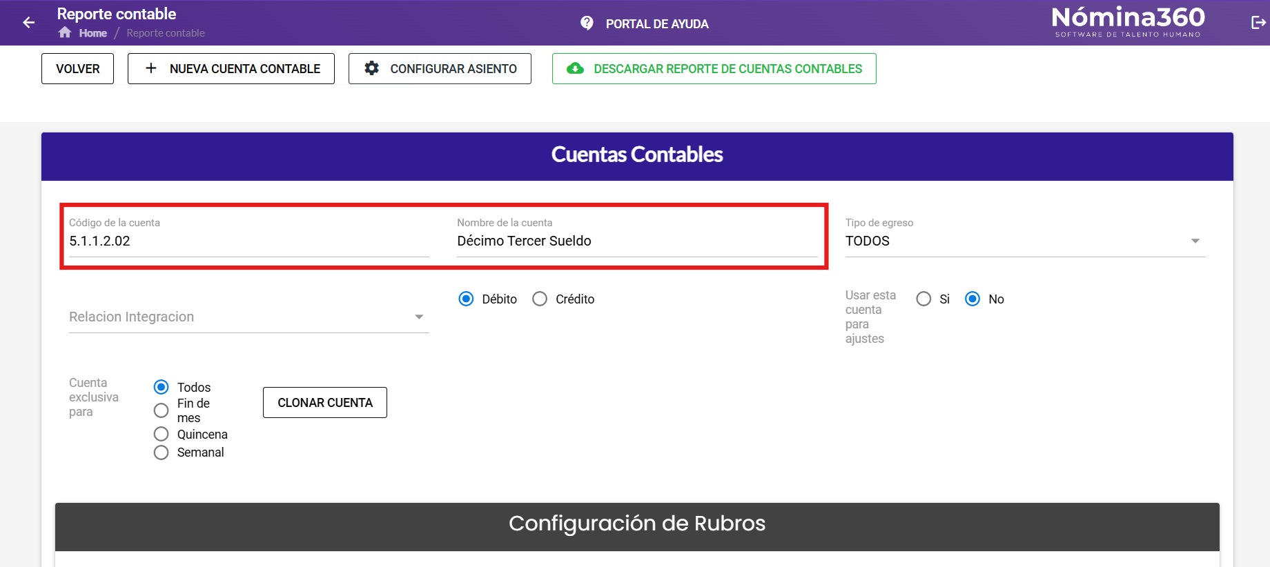 Formulario con los campos Código y Nombre de la cuenta contable