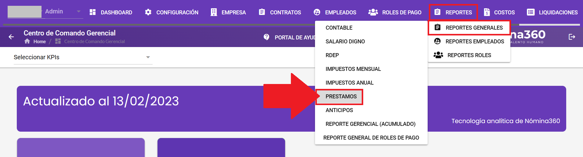 Pantalla del reporte de Préstamos en Reportes Generales