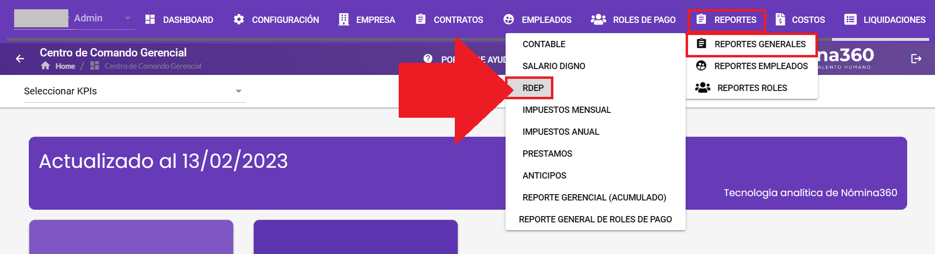 Pantalla del reporte RDEP en Reportes Generales