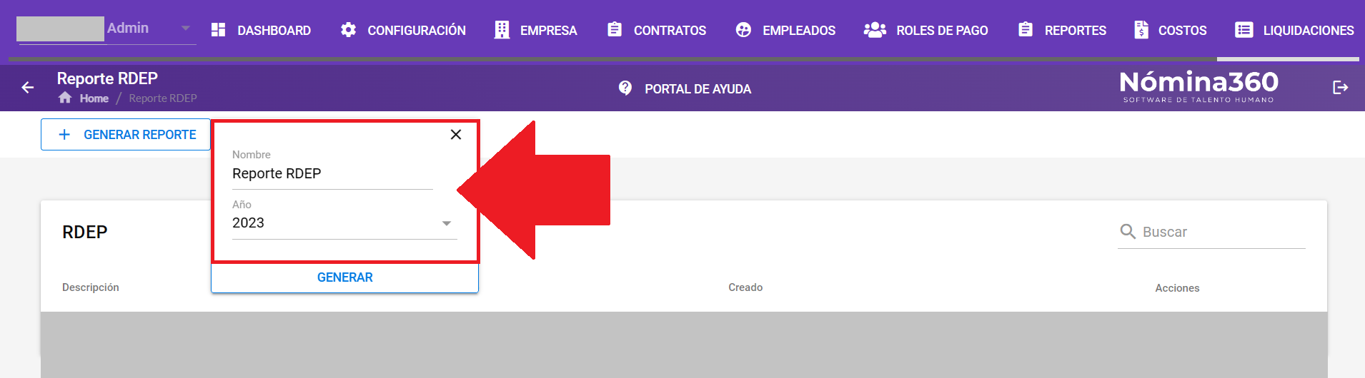 Formulario con los campos nombre y año del reporte RDEP