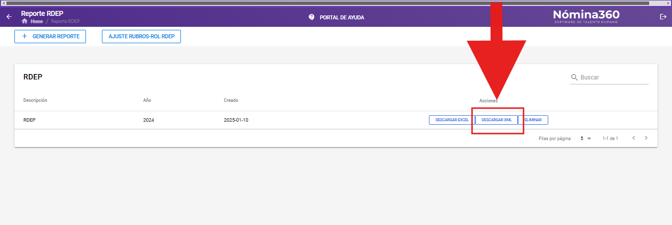 Botón Descargar XML en el listado de reportes RDEP