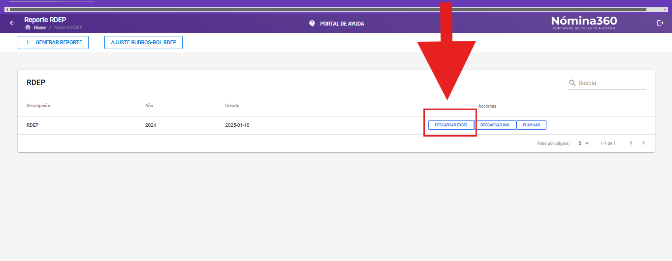 Botón Descargar Excel en el listado de reportes RDEP