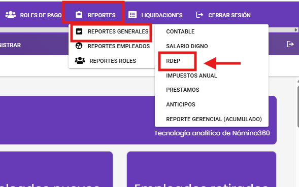 Pantalla de RDEP en Reportes Generales