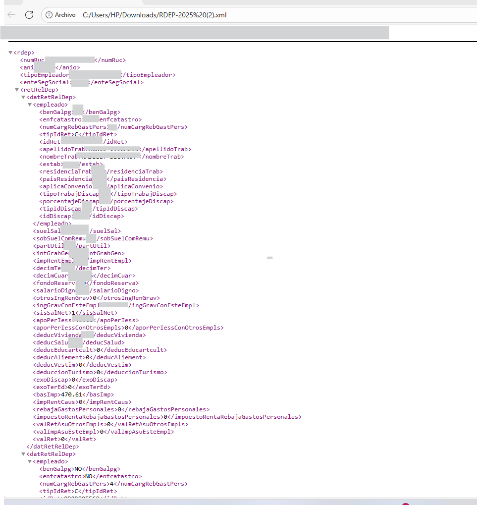 Archivo XML del RDEP mensual descargado