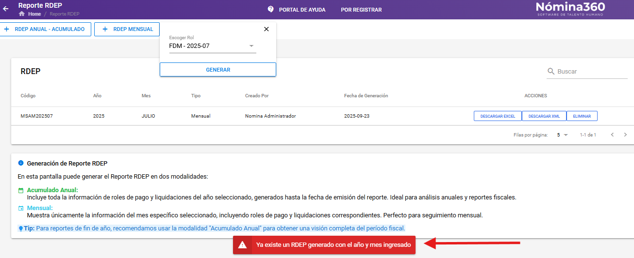 Mensaje de error por RDEP duplicado en el mismo período