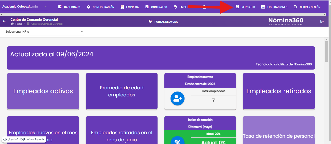 Menú Reportes en la barra principal de Nómina360