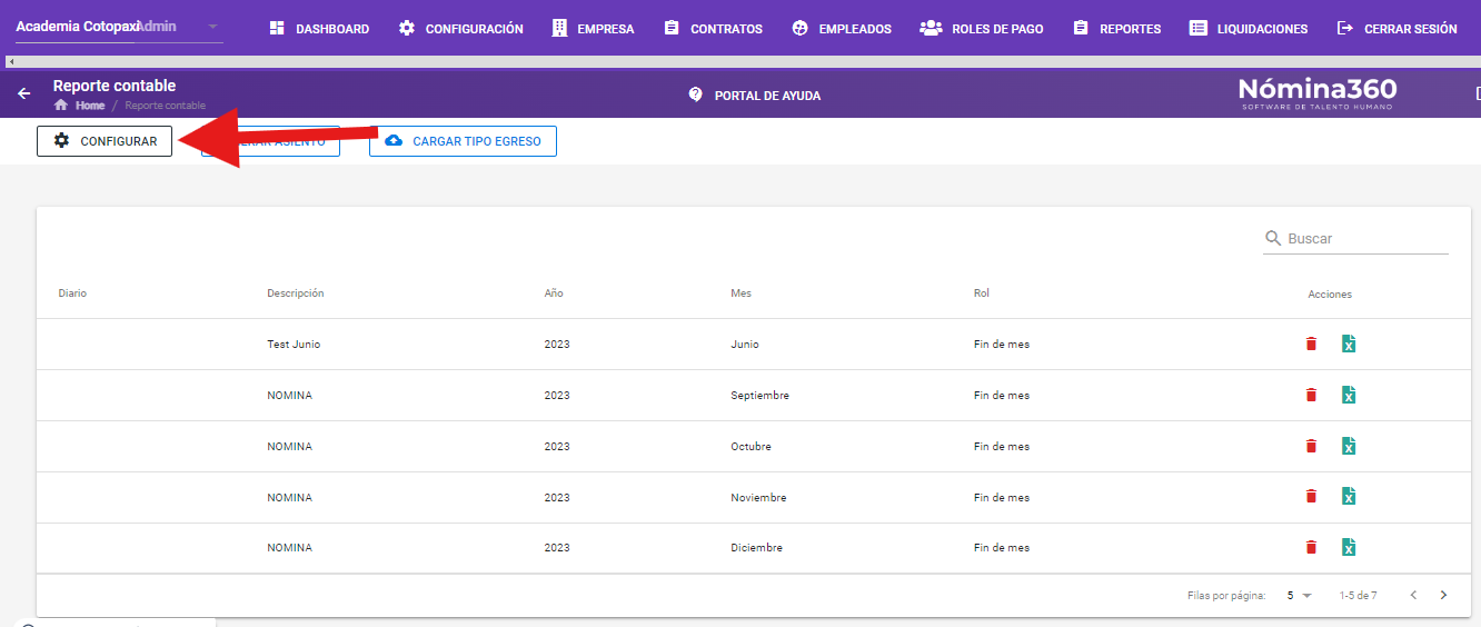 Botón Configurar en el reporte Contable
