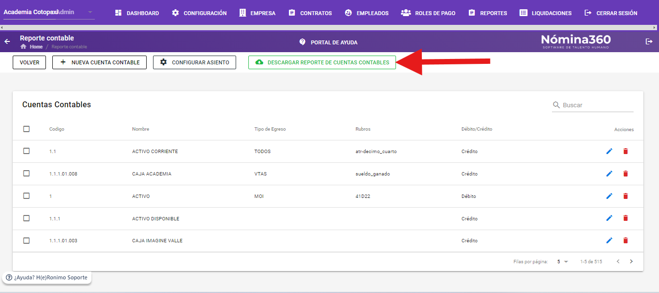 Opción Descargar Reporte de Cuentas Contables dentro de Configurar