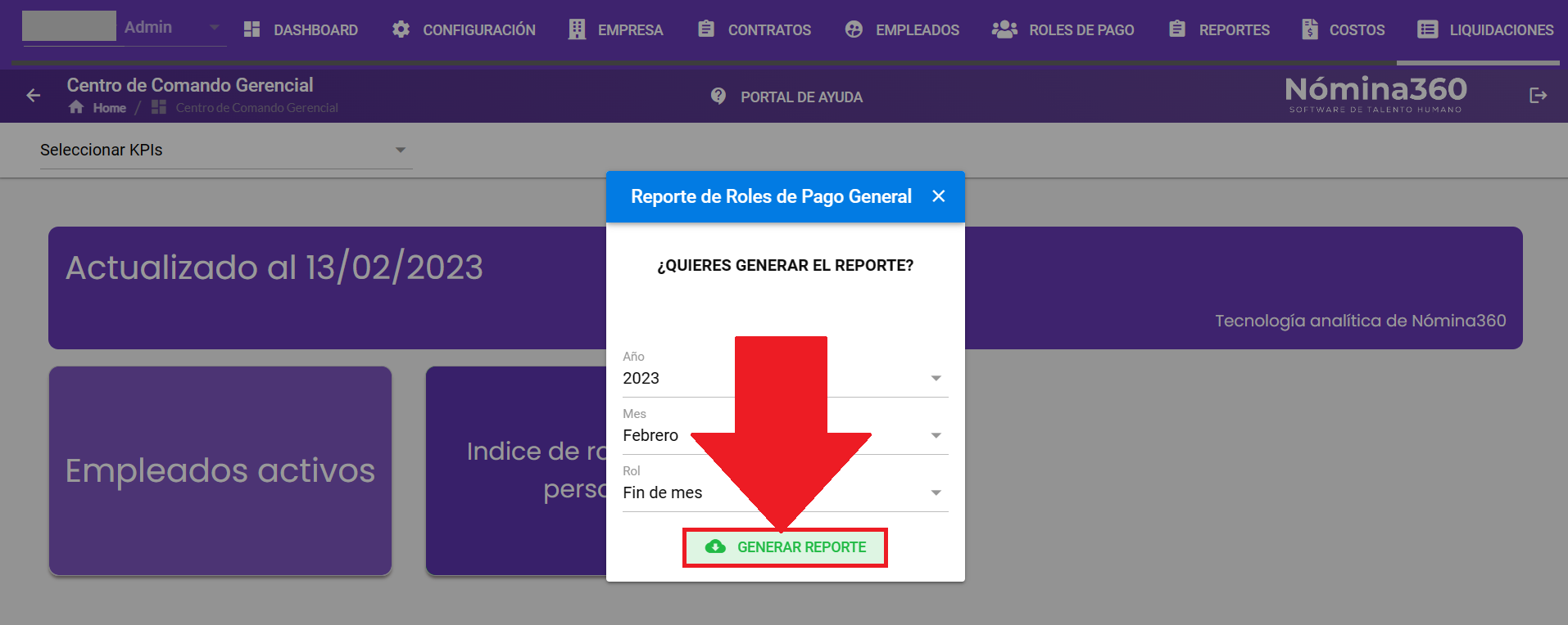 Botón Generar Reporte en el reporte general de roles de pago
