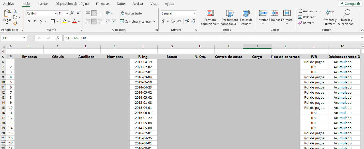Archivo descargado del reporte general de roles de pago