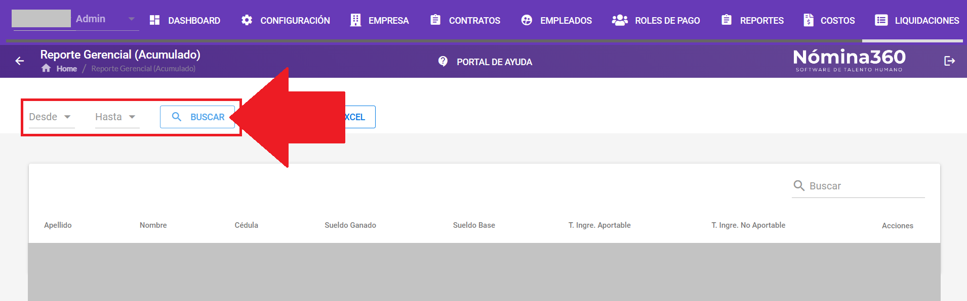 Campos Desde y Hasta y botón Buscar del reporte gerencial