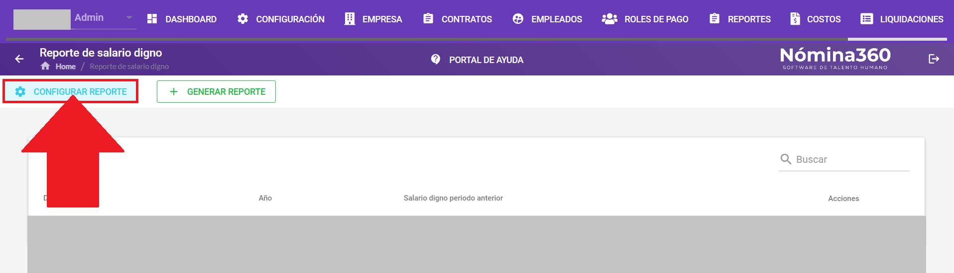 Botón Configurar Reporte en la pantalla de Salario Digno