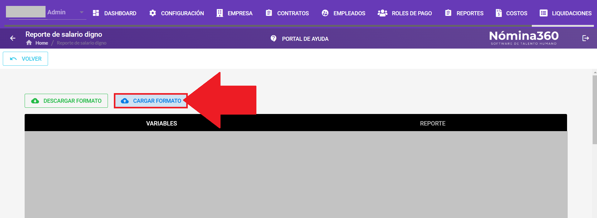 Pantalla de carga del formato modificado