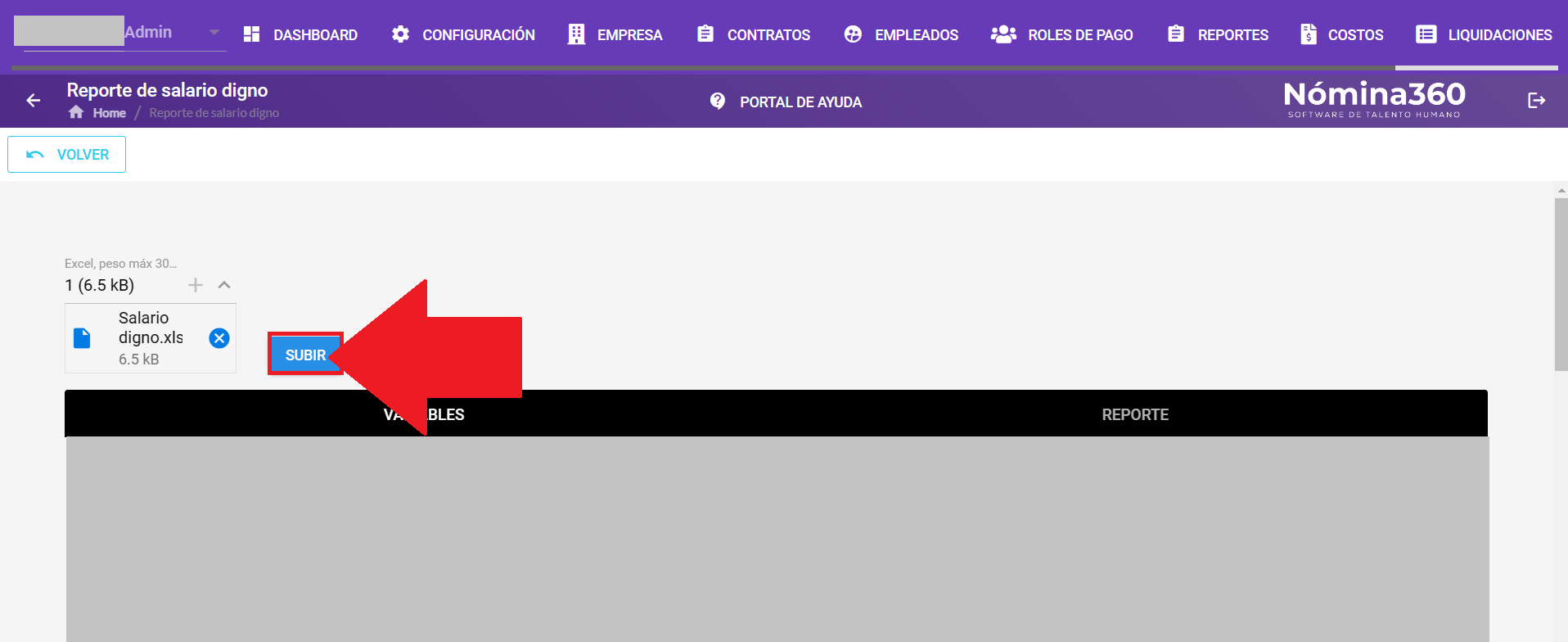 Botón Subir para confirmar la carga del formato