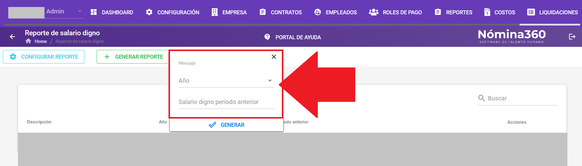Formulario con los campos Año y Salario digno período anterior