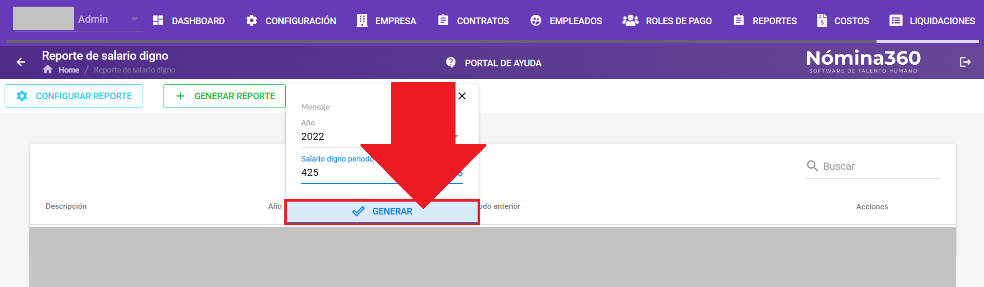 Botón Generar para confirmar la creación del reporte