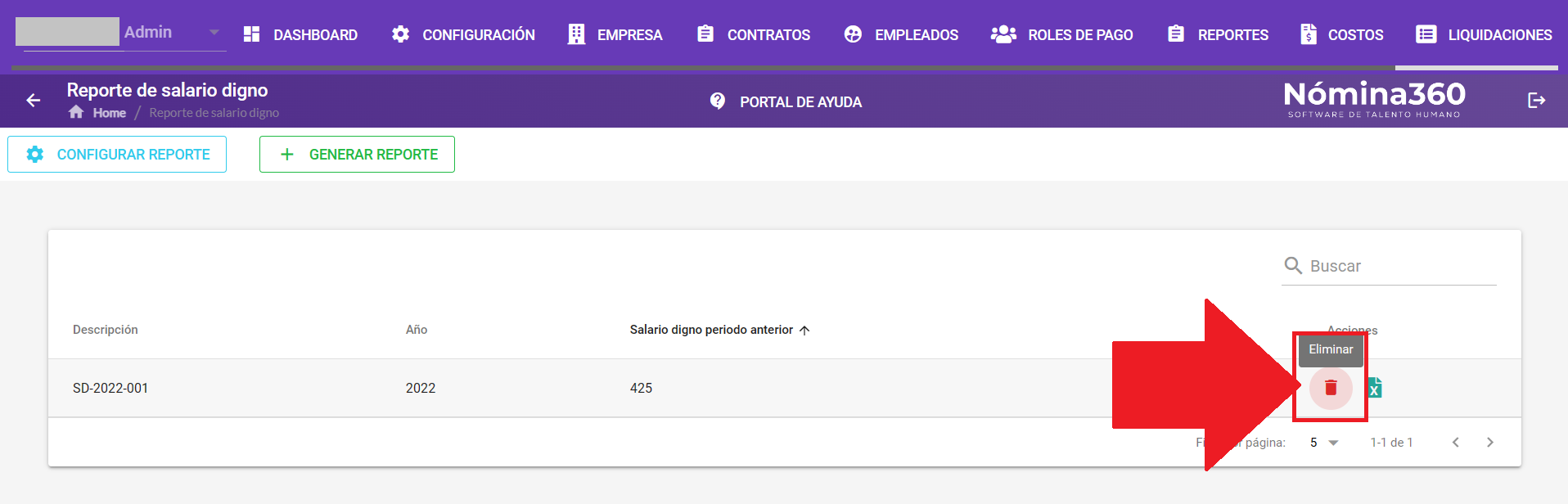 Botón Eliminar en un reporte de salario digno