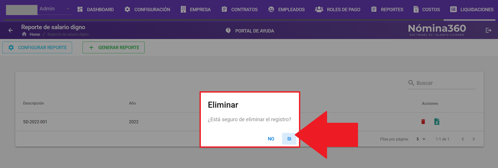 Mensaje de confirmación de eliminación del reporte
