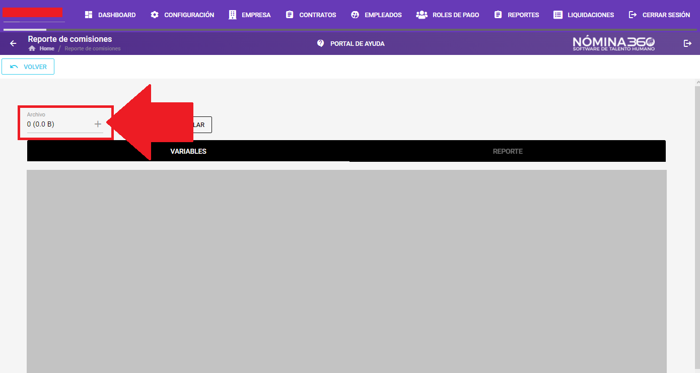 Botón + para cargar el archivo del formato de comisiones
