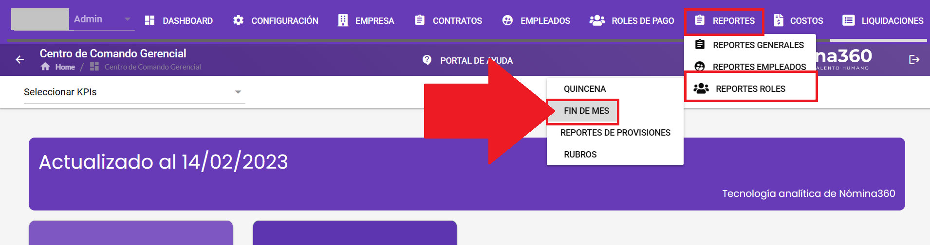 Pantalla del reporte Fin de Mes en Reportes Roles