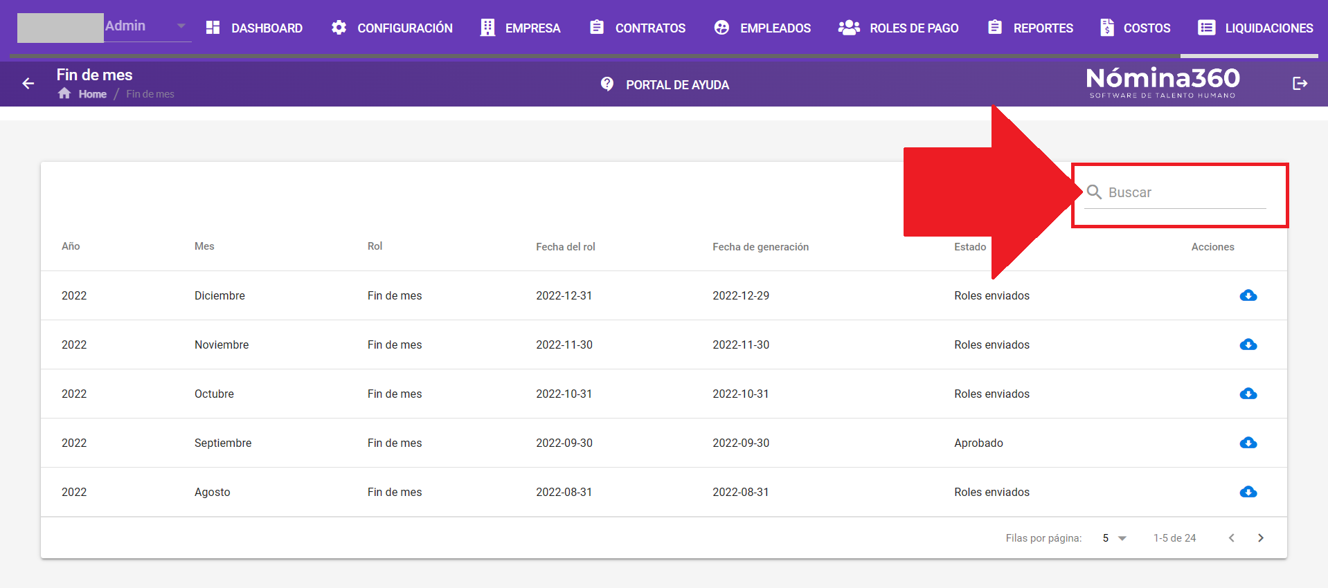 Filtro de búsqueda dentro del reporte de Fin de Mes