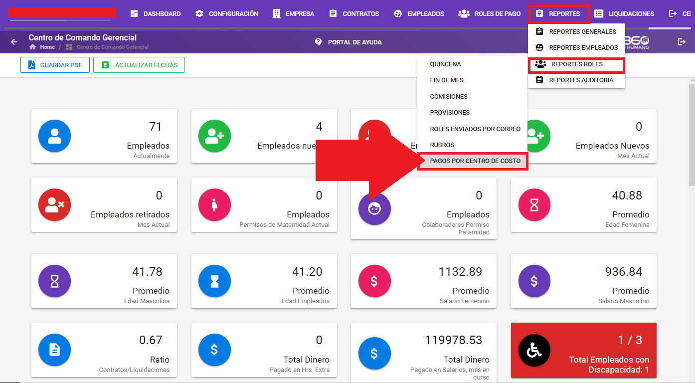Pantalla del reporte Pagos por Centro de Costo